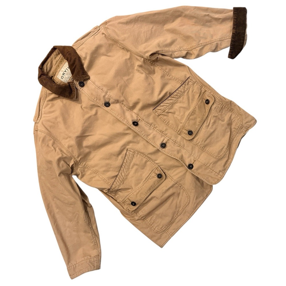 Orvis Men Chore Coat XL Beige Tan Barn Jacket Corduroy Collar Quilt Lined *Read*